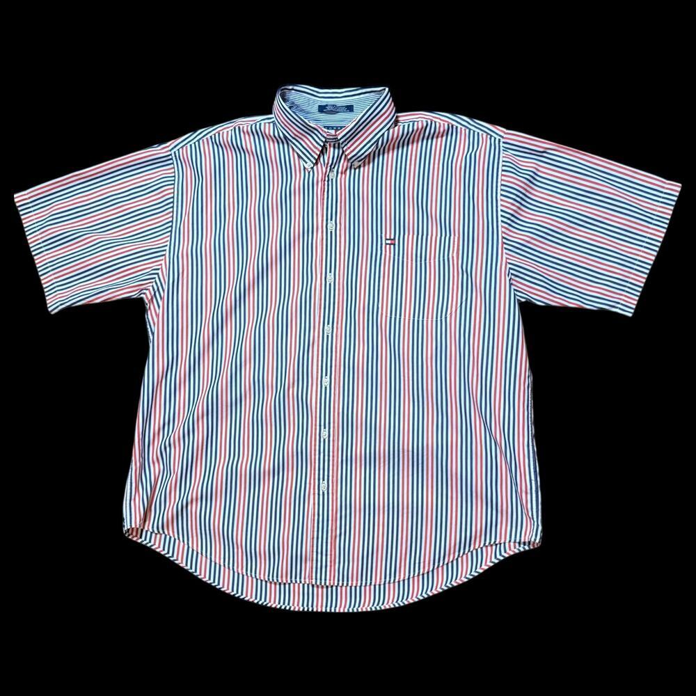 VTG 90s Tommy Hilfiger Camp Shirt Mens Red White Blue Button Down Sz XXL